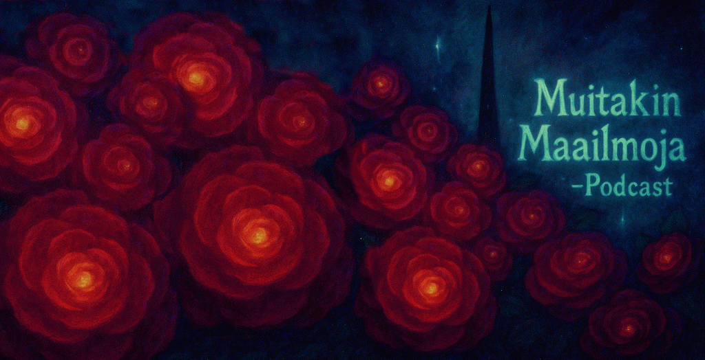 Kuvassa 19 punaista ruusua peittää suurimman osan kuvasta, oikeassa yläkulmassa teksti "Muitakin Maailmoja" - podcast ja Musta Torni taustalla