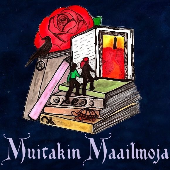 Podcastin logo: Kaksi hahmoa kiipeää kirjaportaita kohti Avoimen kirjan sivulla olevaa ovea. Ovesta näkyy Punainen pelto, ja musta torni. Kuvassa myös ruusu, varis, kilpikonna ja musta torni -symboleita